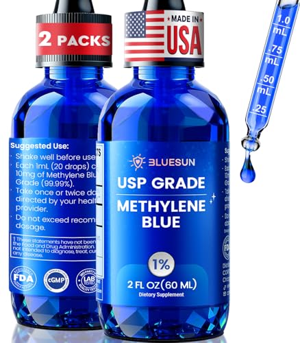 Bluesun Methylene Blue Drops 1% Pharmaceutical Grade - USA Made, Formaldehyde-Free, 3rd-Party Tested, USP Purity, GMO-Free, Alcohol-Free, COA included - 2 Fl Oz(60mL) Cobalt Blue Glass 10mg/mL, 2 Pack
