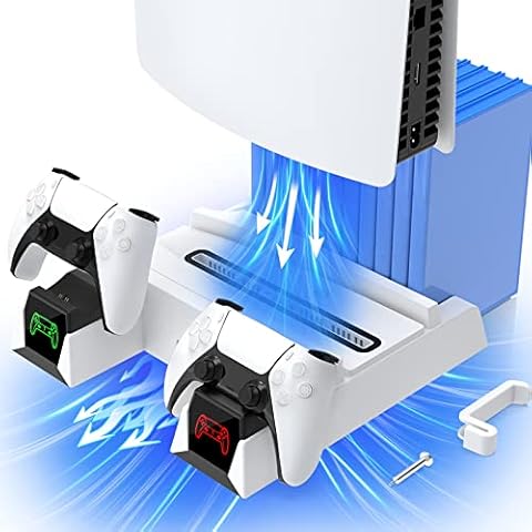 PS5 Stand with Cooling Fan and Dual Controller Charger Compatible with PS5 Console, PS5 cooling stand with Charging Dock Station, 3 Fans Speed, 11 Game Slots, Headset Hook, White Cover
