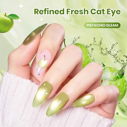Image of Beetles Taste of Spring Green Cat Eye Gel Nail Polish - 15ML Full Size Sage Green Cat Eye Glitter Magnetic Translucent Glassy Effect Pistachio Gleam Soak Off UV DIY Gift for Women