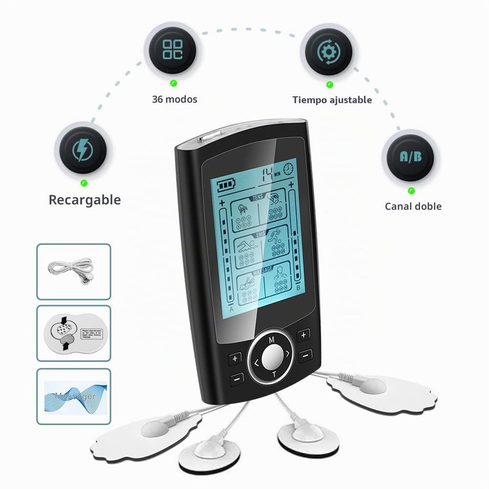 TENS/EMS Digital Electroestimulador Muscular, 36 modos 3 en 1, TENS EMS y Función de Masaje con 10 electrodos para aliviar el Dolor de Espalda, Hombros, Piernas y Cuello