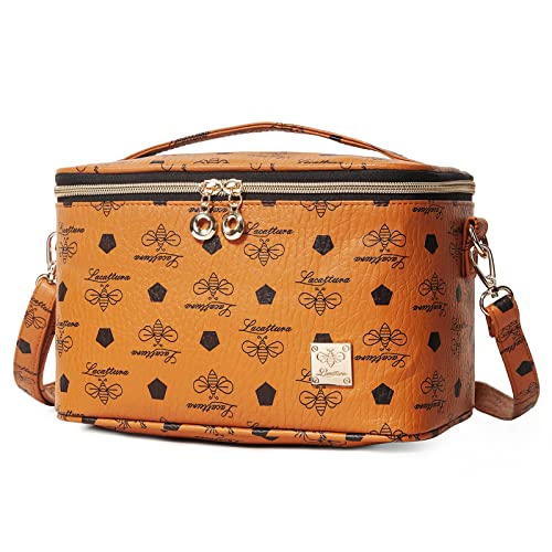 LACATTURA Travel Makeup Bag for Women, Leather Toiletry Bag, Cosmetic Case with Adjustable Divider, Portable Make Up Organizer, Brush Holder with Shoulder Strap, Storage Bags for Girls Brown, Large