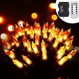 100 LED Halloween String Lights with Remote - 33ft Battery Powered Light with Timer, 8 Modes, Waterproof - Spooky Mini Bulb Lighting for Outside Lawn House Holiday Party Decorations - Amber Orange