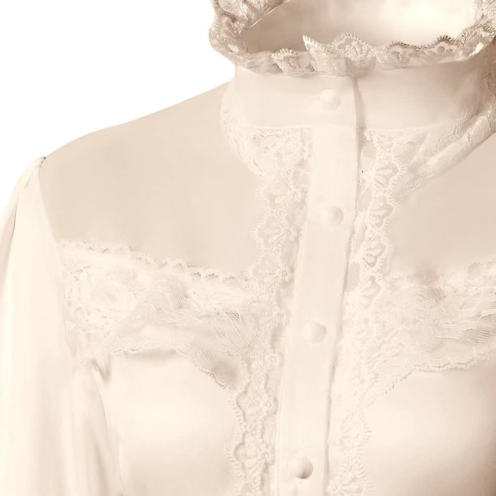 Women's Retro Victorian Lotus Lace Stand Collar Long Sleeve Shirts - Image 2