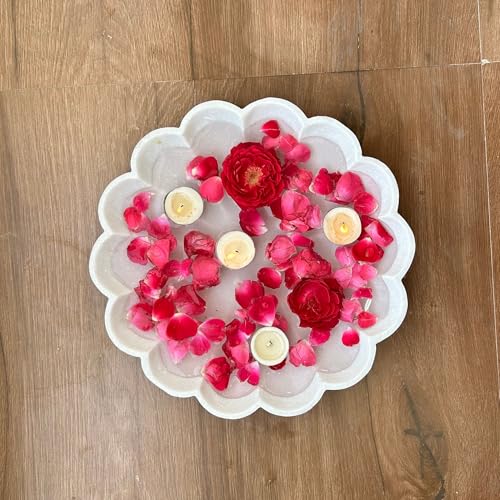 Image of Marble Urli Bowl for Decoration | Big Potpourri Decorative Bowls in Home decor | Large White Floating Flower Plates of Stone | Small Shape puja Item | (12 inch, Daisy Burst)