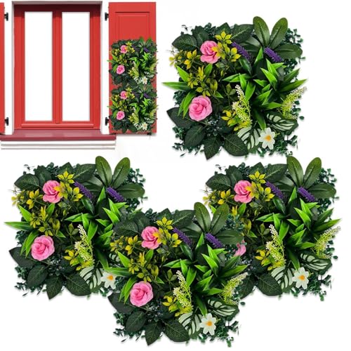 Artificial Grass Wall Panels 4 Pack Mini Hedge Decor Tiles- 9.84x9.84 Inch Modular Grid Design, Easy Connect DIY Backdrop System, Realistic Green Texture Display Accent, Lightweight Decorative Panel S