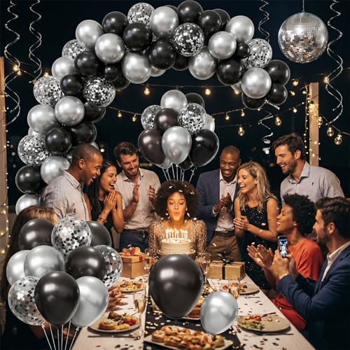 Image of Black and Silver Balloons Arch Kit,130pcs Metallic Black Balloons Garland,Different Sizes Metallic Silver Latex Balloons for Birthday Engagement Baby Shower Wedding Graduation Party Decorations