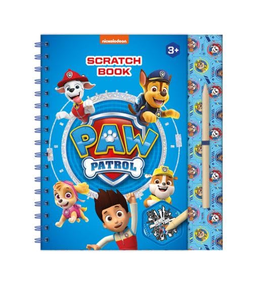 Totum Paw Patrol 720831 Scratch Book avec pochoirs, Autocollants à Paillettes et Stylo à gratter pour la Maison et Les déplacements