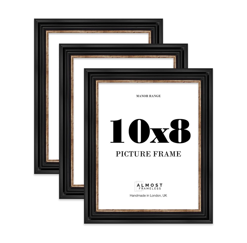 10x8 Picture Frame, Display 10x8 Pictures (20.3 x 25.4cm) - Black & Gold Elegant 42mm Edge Ideal for Home Gallery Display - 3 Pack