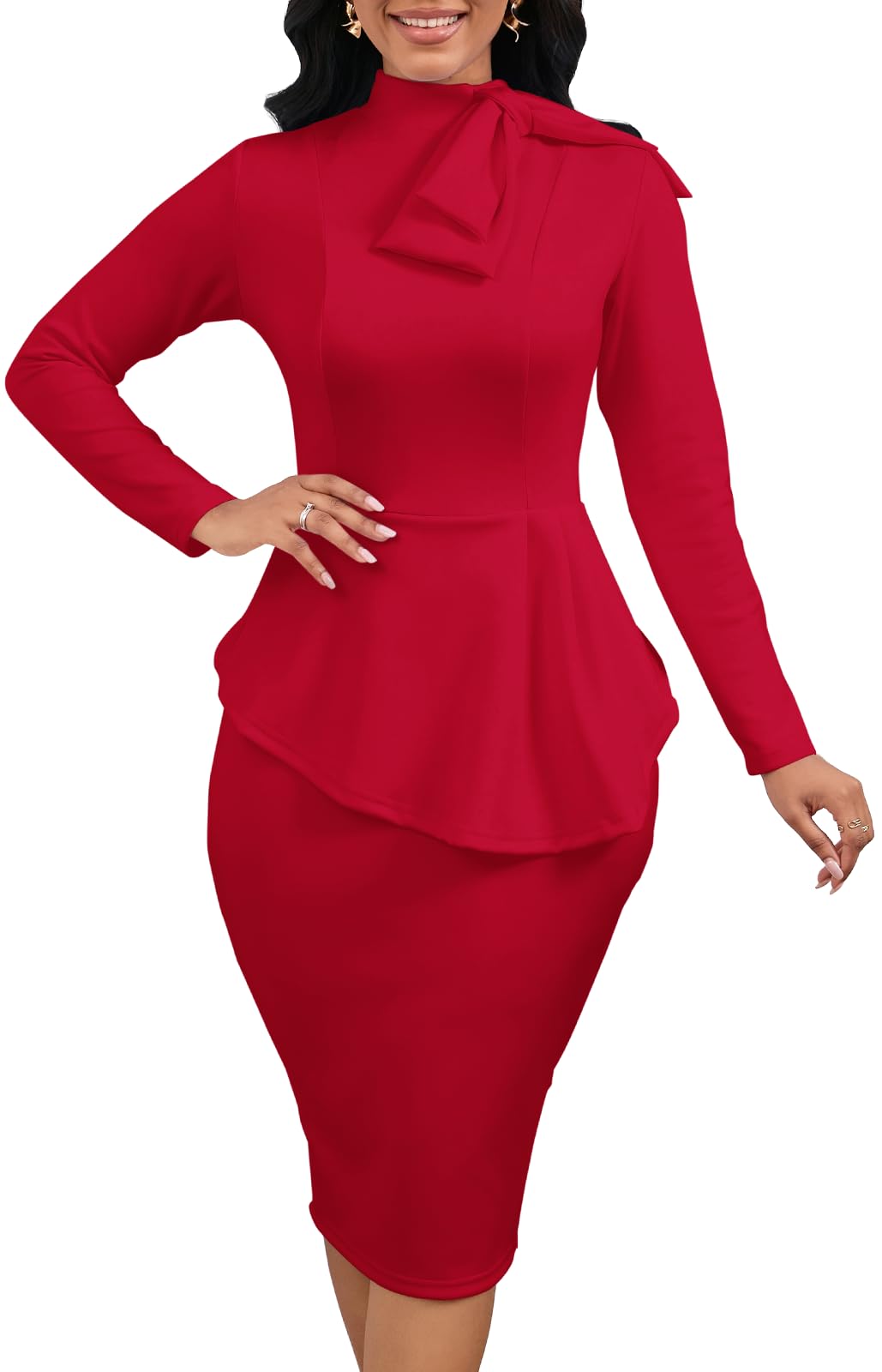 WanMem Women Formal Bodycon Peplum Cocktail Dress Short Sleeve Bow Ruffle Pencil Party Midi Dresses