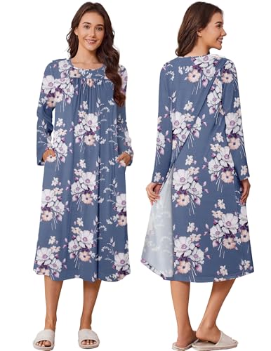 Deyeek Hospital Gowns for Women Long Sleeve Tear Away Snap Open Back Dress Adaptive Nightgown Post Surgery Clothing with Pockets XL