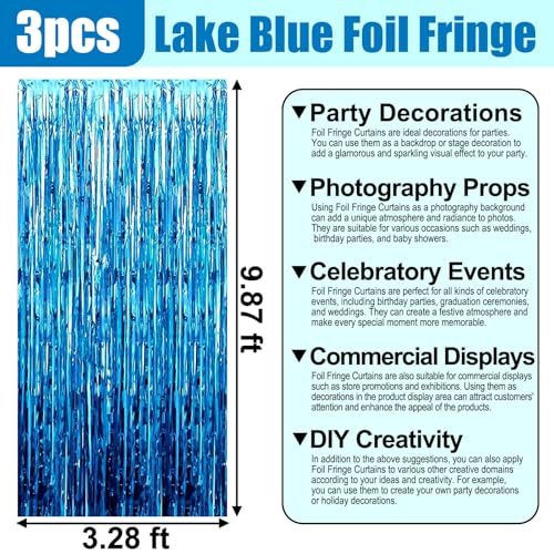 Image of 3 Pack Lake Blue Foil Fringe Curtain Backdrop, 3.28Ft x 9.8Ft Metallic Tinsel Foil Fringe Streamer Curtains for Photo Booth, Christmas Day, Thanksgiving, Wedding, New Year Party Decorations
