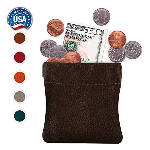Image of Classic Leather Squeeze Coin Purse change Holder For Men, Pouch size 3.5 in X 3.25 in. high, Brown