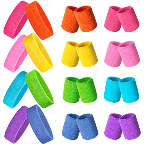 24 Pieces 80s Neon Sweatbands Set, Include 8 Sports Headbands and 16 Sweat Wristbands Elastic Athletic Tennis Sweat Bands Bulk for Man Woman(Bright Colors)