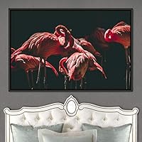 Framed Canvas Wall Art Group of Flamingos Aerial Beach Birds Cool Multicolor Photography Realism Relax/Calm Single - 16x24 inches