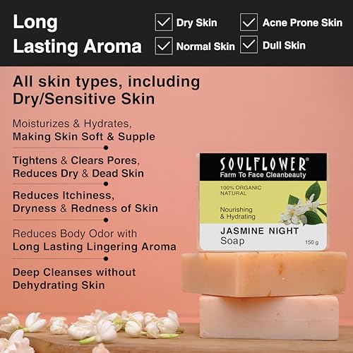 Image of Soulflower Jasmine Handmade Soap | 100% Pure, Natural & Cold processed with Essential Oils, Exotic Herbs & Aroma, 150g
