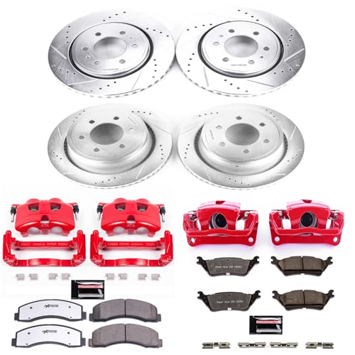 Image of PowerStop Front and Rear Brake & Caliper Kit for Ford F-150 2012-18 - Drilled & Slotted Disc Rotors + Z36 Brake Pads + Red-Powder Coated Calipers, KC6268-36