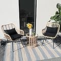 JOIVI 3 Piece Patio Bistro Set, Wicker Outdoor Patio Set with Enhanced Comfort Seating, Round Glass Top Coffee Side Table, Patio Rattan Conversation Set for Balcony, Lawn, Garden, Backyard, Black