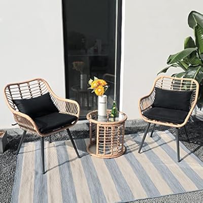 JOIVI 3 Piece Patio Bistro Set, Wicker Outdoor Patio Set with Enhanced Comfort Seating, Round Glass Top Coffee Side Table, Patio Rattan Conversation Set for Balcony, Lawn, Garden, Backyard, Black