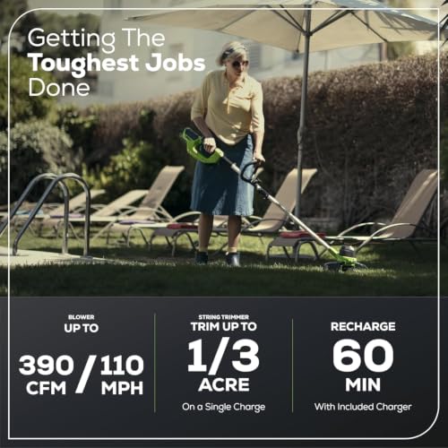 Image of Greenworks 40V 16 inch (Push) Cordless Lawn Mower (1 /3 Acre) + 12 inch String Trimmer + Leaf Blower, 4.0Ah + 2.0Ah Batteries and (2) Chargers Included