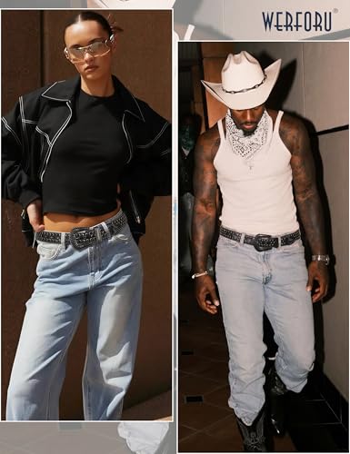 Image of WERFORU Women Men Western Rhinestone Studded Leather Belt Unisex Bling Cowgirl Cowboy Waist Belt for Jeans Pants Dress