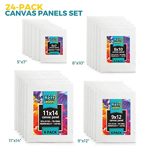 Keff Canvases For Painting - 24 Pack Art Paint Canvas Panels Set Boards - 5X7, 8X10, 9X12, 11X14 Inches 100% Cotton Primed Painting Supplies For Acrylic, Oil, Tempera & Watercolor Paint #TOP1