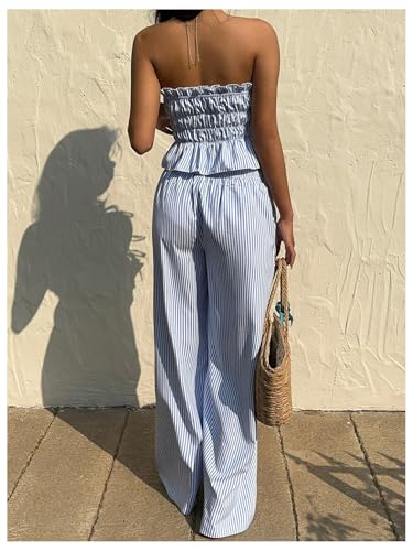 Women's 2 Piece Set Striped Strapless Tie Front Tube Top with Wide Leg Pants Set3