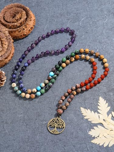 GEHECRST Natural 7 Chakra 108 Mala Prayer Beads Necklace with Reiki Healing Crystal Pointed Pendant 6mm Gemstones Beads Necklace Mens Womens Jewelry for Meditation, Protection2