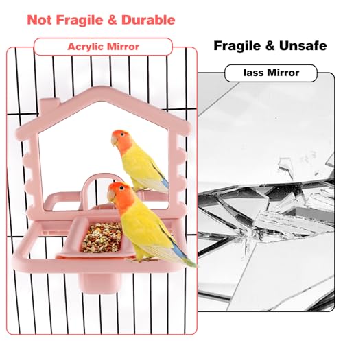 Image of 3 in 1 Bird Mirror with Perch Stand,Parrot Mirror for Cage,Bird Swing Toys for Cockatiels,Lovebirds,Conures,Parakeets-Helps Birds Release Stress (Pink)