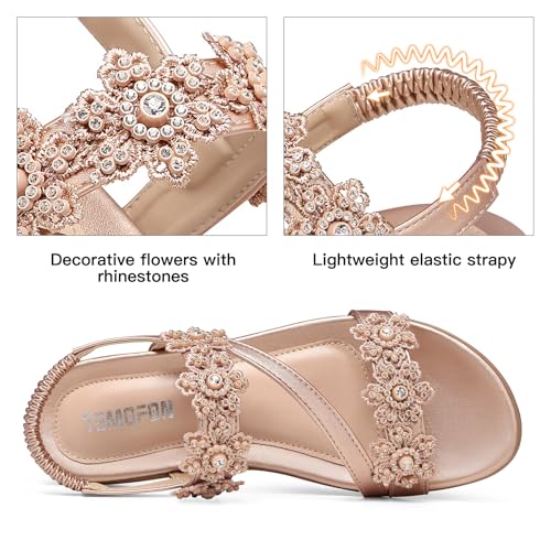 Image of TEMOFON Sandals for Women Flat Dressy Summer Flower Sandals with Ankle Strap Comfortable Casual Walking Flat Sandals Size 5-11
