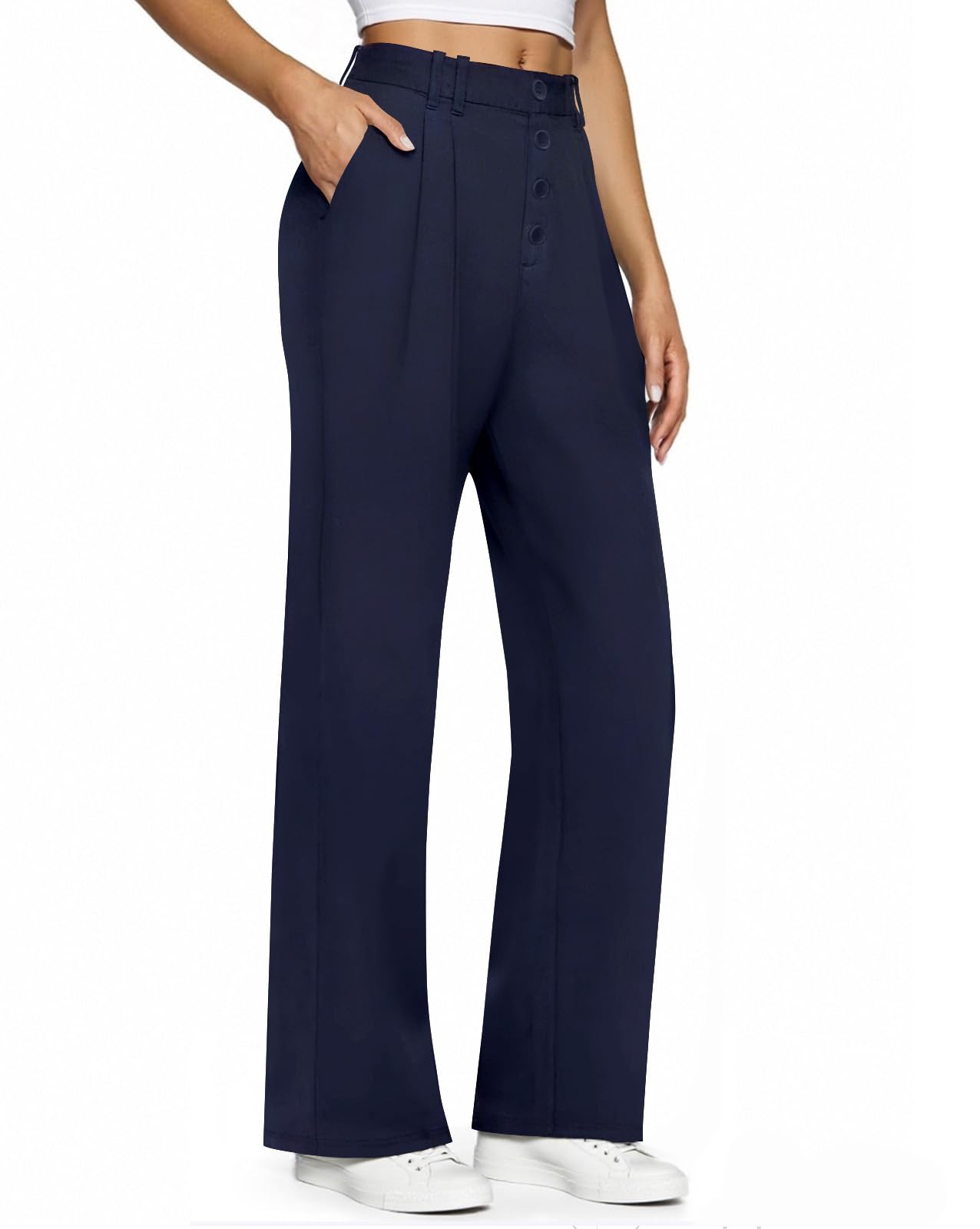Womens Stretchy Dress Pants Straight Wide Leg Work Trousers Business Casual Pull On Office Slacks with Pockets