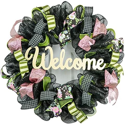 Spring Welcome Wreath | Floral Everyday Door Wreath | Moss Green Pink Ivory Black | Gift for Mom Cover