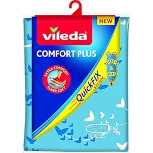 Vileda Comfort Plus Bügelbrettbezug für Dampfbügelstation, 3 Lagen, Quick-Fix-System, Bügelbretter von 30–45 cm x 110–130 cm, Blau
