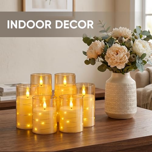 Image of Amagic Flameless Candles, Flickering Battery Operated Candles Embedded Fairy String Light, Realistic Pillar Candle with Remote Control and Timer, Acrylic Amber Gold, Set of 6, D3 x H4 5 inch 6 inch