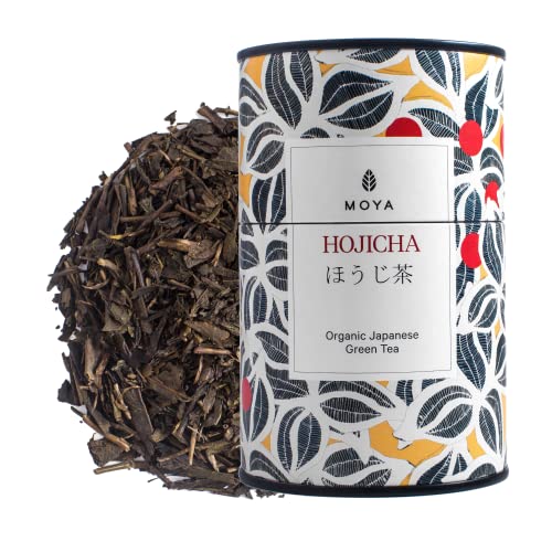 Moya Organischer Lose Blätter Tee Hojicha | 60g | Japanischer Gerösteter Grüner Tee | Vegetarisch und Vegan Freundlich | in mehrfarbiger Metalldose | Perfekt Geschenk