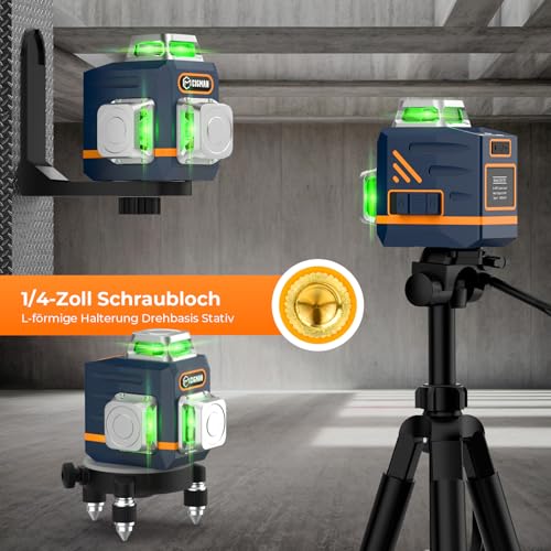 Kreuzlinienlaser mit Stativ, CIGMAN 3x360 Grad Grün Selbstnivellierend Laser Wasserwaage mit 1,2m -Aluminium-Baustativ, Baulaser Kreuzlaser Linienlaser bis zu 30 Stunden mit Lithium-Batterie,CM701T