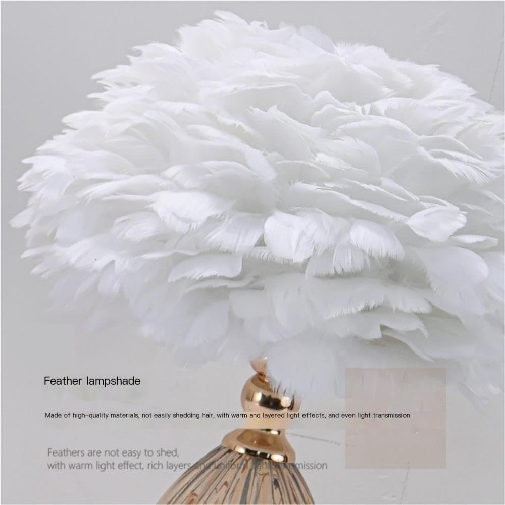 Lampada con piume, luce notturna ambientale romantica sul comodino | Paralume in piuma, base in ceramica, romantico, interruttore a pulsante, luce notturna(White)