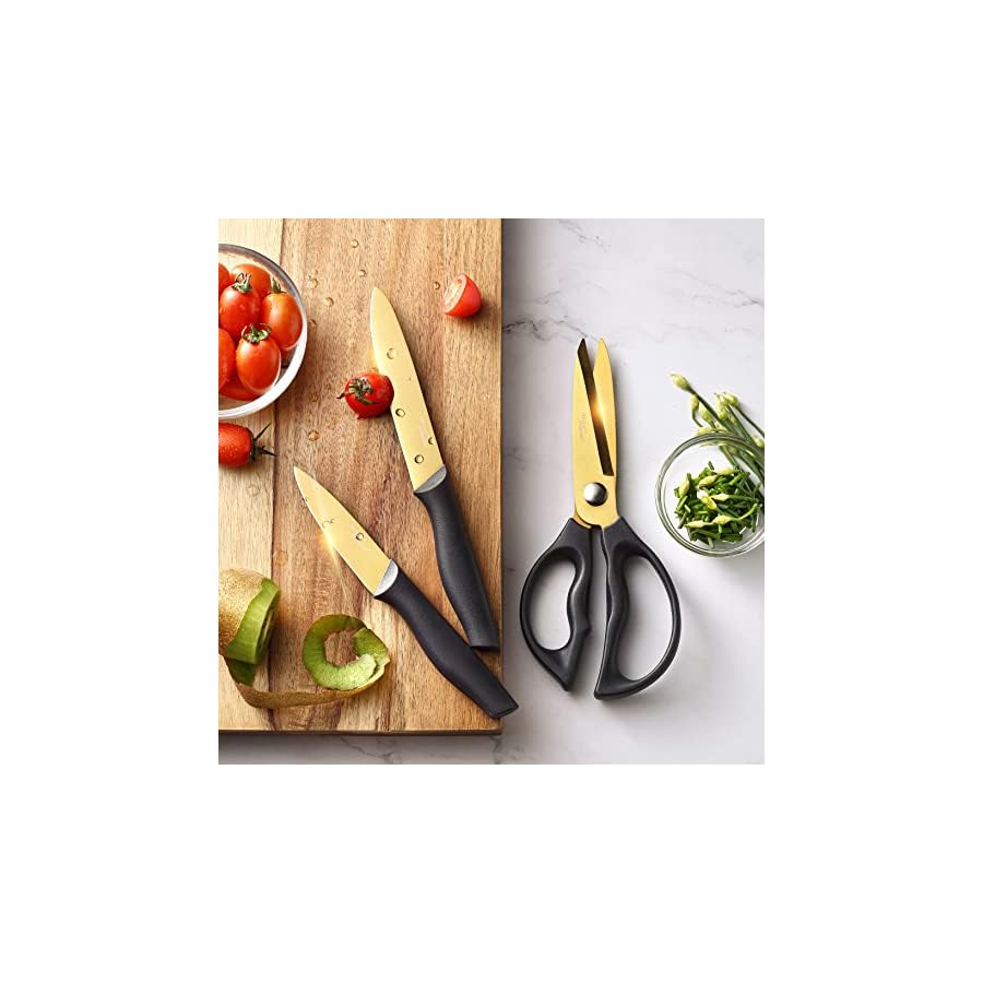 Marco Almond® Gold Knife Set With Block KYA23, 14 Pieces Stainless Steel Chef Cutlery Knives Set for Kitchen with Acrylic Stand