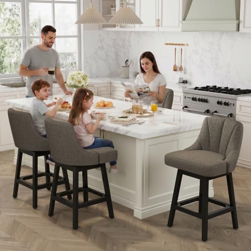 Image of YaFiti 26 inch Fabric Swivel Bar Stools Set of 4 with Back &Wood Leg,Deep Taupe | Linen Fabric, Extra Upholstered Seat, Counter Stool, Square Solid Wood Legs, with Backrest & Footrest, for Kitchen Island Bar
