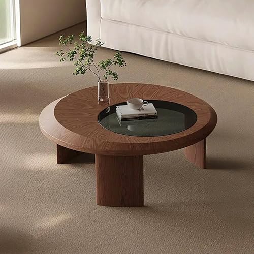 Image of The Attic Orion Walnut Coffee Table | Contemporary Round Wood Table with Glass Center | Chic Minimalist Centerpiece for Modern Living Rooms