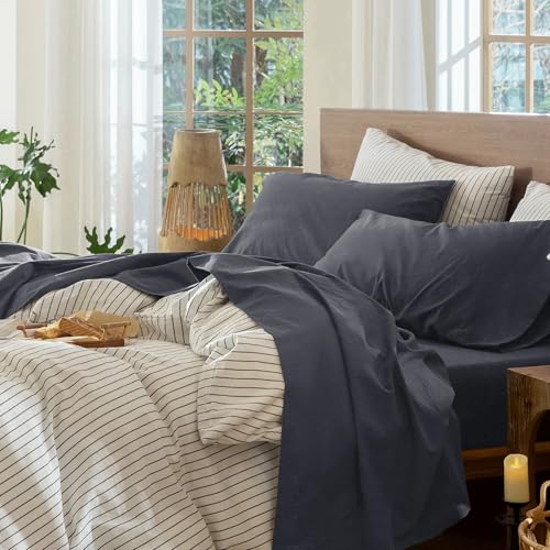 Image of MooMee Sheet Set 100% Washed Cotton Linen-Like Extra Deep Pocket Queen | Relaxed Linen-like Texture. Soft, Breathable & Lightweight Comfort. 15-19 inch Extra Deep Pocket with All-around Elastic