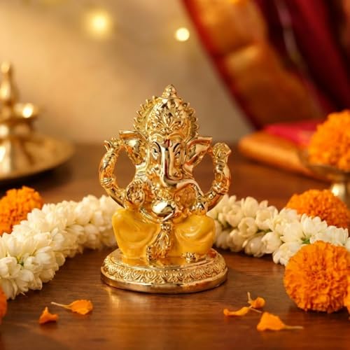 Image of Gold Plated Ganesh Idol | Ganpati Murti for Car Dashboard, Office Desk, Hindu God Gift & Home Decor - Resin (Gold & Yellow)