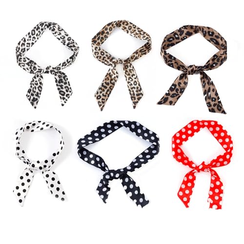 6PCS Chic Skinny Scarf Hairbands, Leopard Dot pattern Neck Ties, Stylish Flowers Purse Scarfs, Colorful Silk Scarf Hair Bands for Women Fashion Accessories