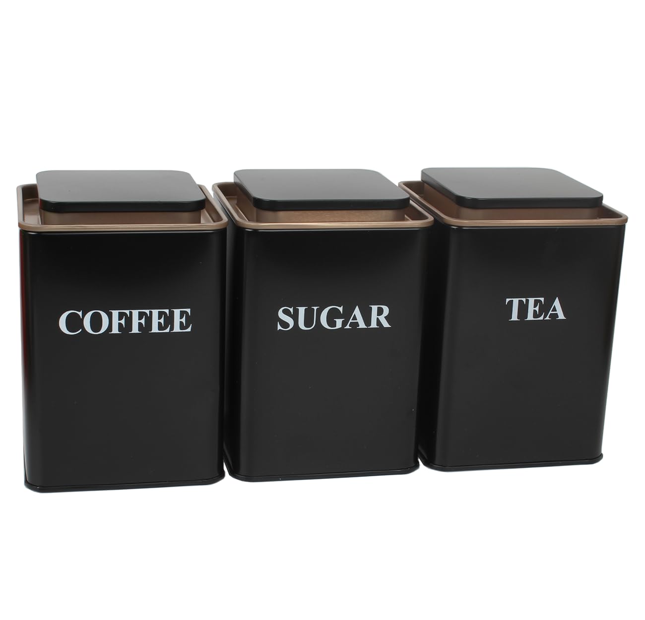 Hylruu Tea Coffee Sugar Canisters, 3 Piece of Metal Square Food Storage Tin, 1400ml Black Canister Set with Metal Tray, Dry Food Storage Containers for Tea Coffee & Sugar