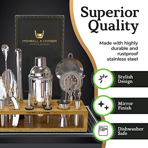 Highball & Chaser Premium Cocktail Shaker Bartender Kit With Natural Bamboo Stand. Beautiful Cobbler Cocktail Shaker Set With Bar Tools. Stainless Steel Bar Set With Stand #TOP3