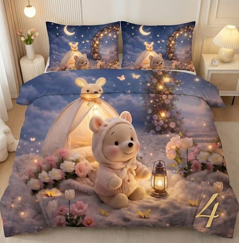 Image of HOMEKART Kids Cloud Cotton Bedsheet Double Bed | 210 TC Cartoon Printed Bedding Set with 2 Pillow Covers 7D | Soft, Wrinkle-Free | 108 x 108 Inches (Teddy Bear Moonlight)