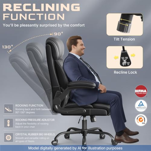 Image of Office Chair-Executive High Back Breathable Big and Tall Office Chair Flip-up Armrests Lumbar Support-Ergonomic Leather Rolling Swivel Chair with Rock Function for Working Studying Gaming,2 Pack