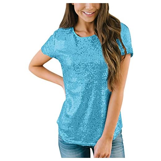 Women Party Sequins Short Sleeve T Shirt Casual Glitter Round Neck Top Light Blue L