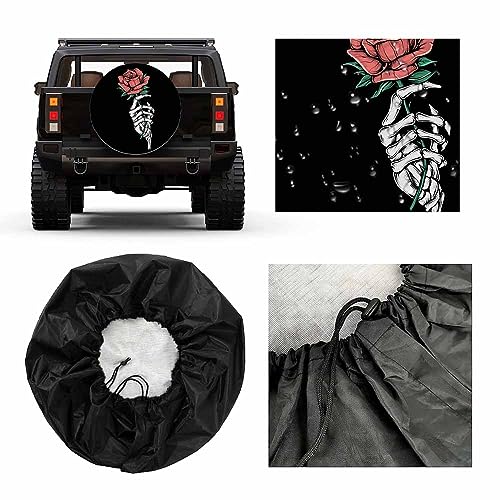 Image of Skull and Rose Spare Tire Cover Vintage Skeleton Holding Flower Halloween Romantic Love Girl Weatherproof Universal Wheel Protectors Camper Tire Covers for Trailer Rv Travel(17 inch)