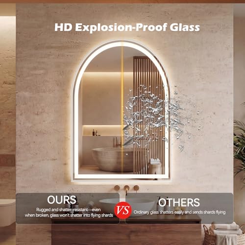 Image of Sweetcrispy 24 inchx32 inch LED Bathroom Backlit Mirror with Lights, Arched Vanity Mirror with Anti-Fog, Dimmable, 3-Color Light, Memory Function, Tempered Glass