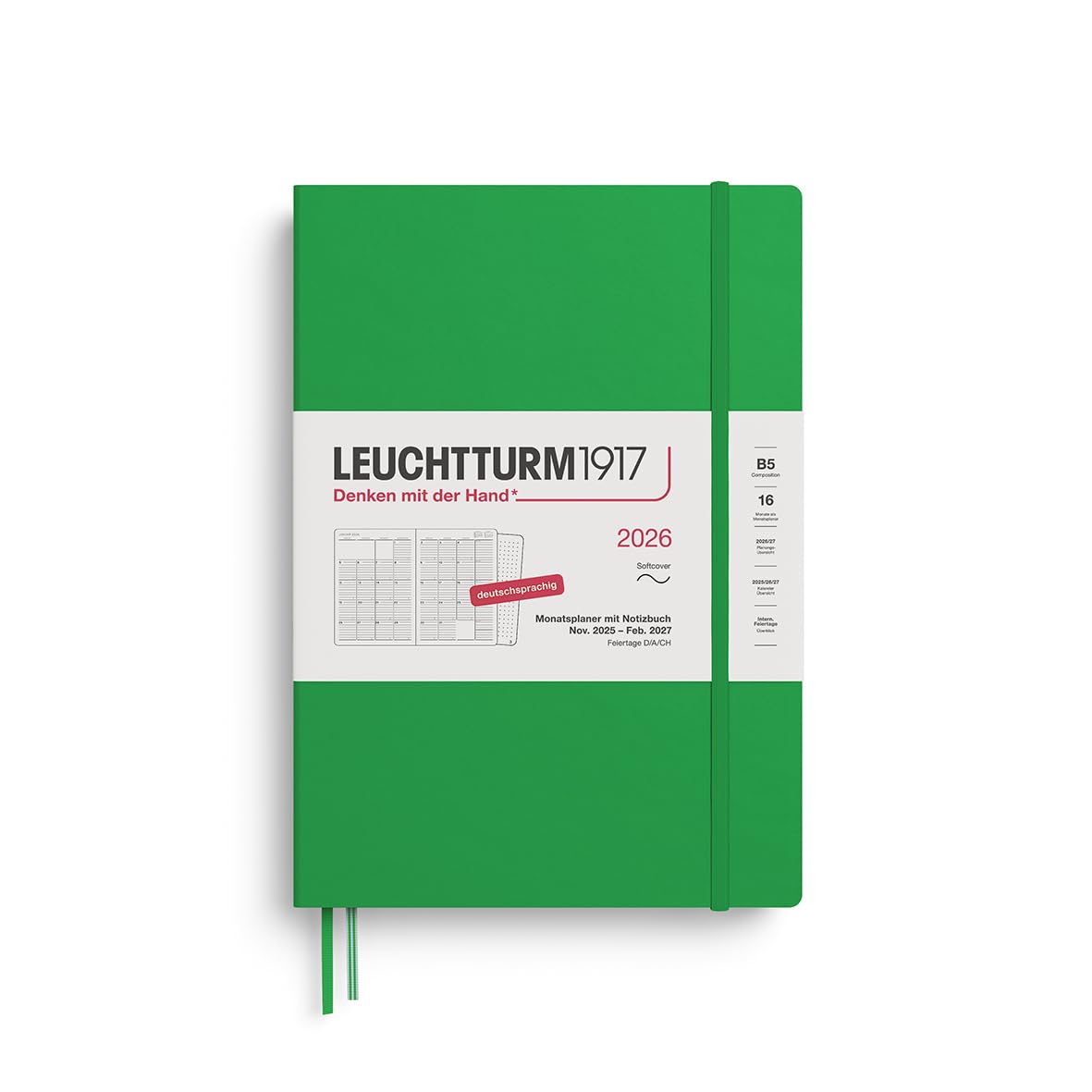 LEUCHTTURM1917 372606 Monthly Planner & Notebook Composition (B5) 2026, 16 Months (01 November 2025-28 February 2027), Softcover, Spring Leaf, German